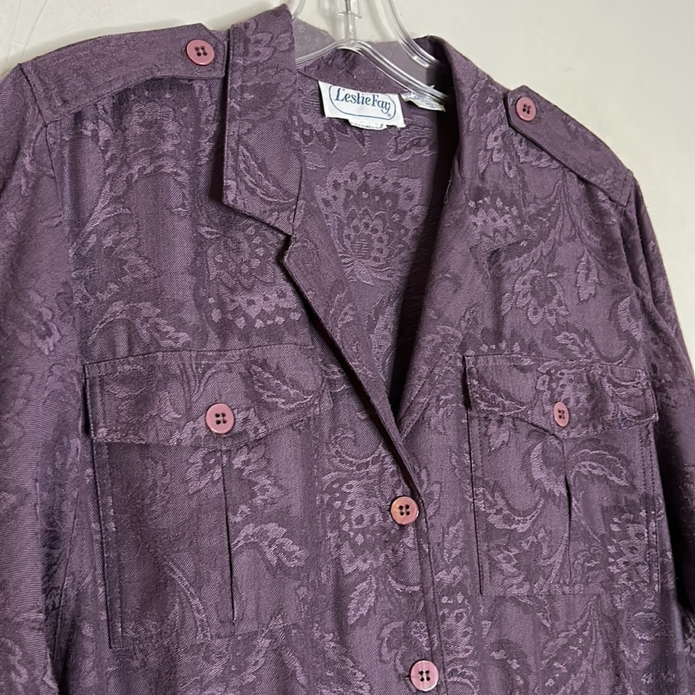 Vintage Leslie Fay floral embossed wool silk Trench Dress purple maxi 14